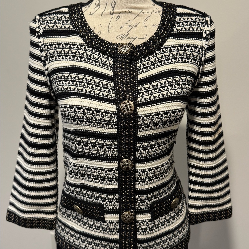 St. John Black and White Striped Cardigan
